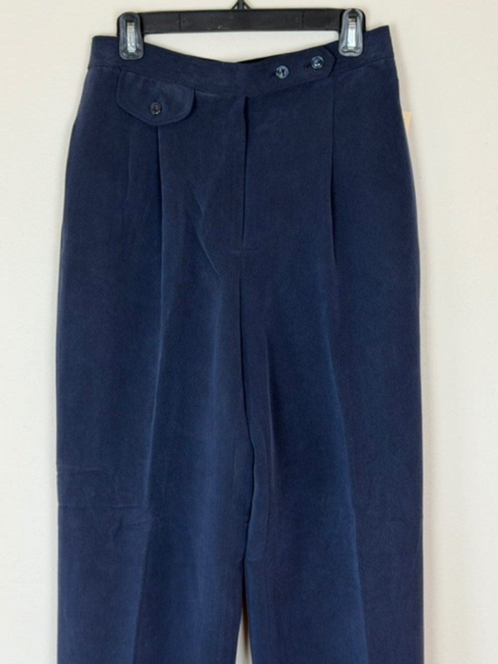 VTG Dana Buchman 100% Silk Pleated Navy Trousers Pants High Rise Tab Waist Sz 12